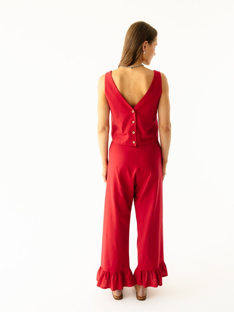 Czerwony lniany top damski z kwadratowym dekoltem - widok na plecy zapinane na guziki