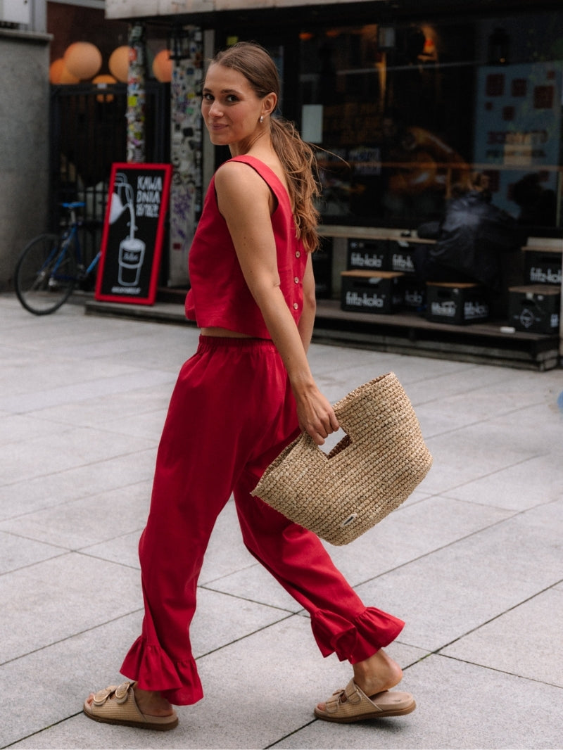 Czerwony lniany top damski z kwadratowym dekoltem - set z luźnymi spodniami lnianymi