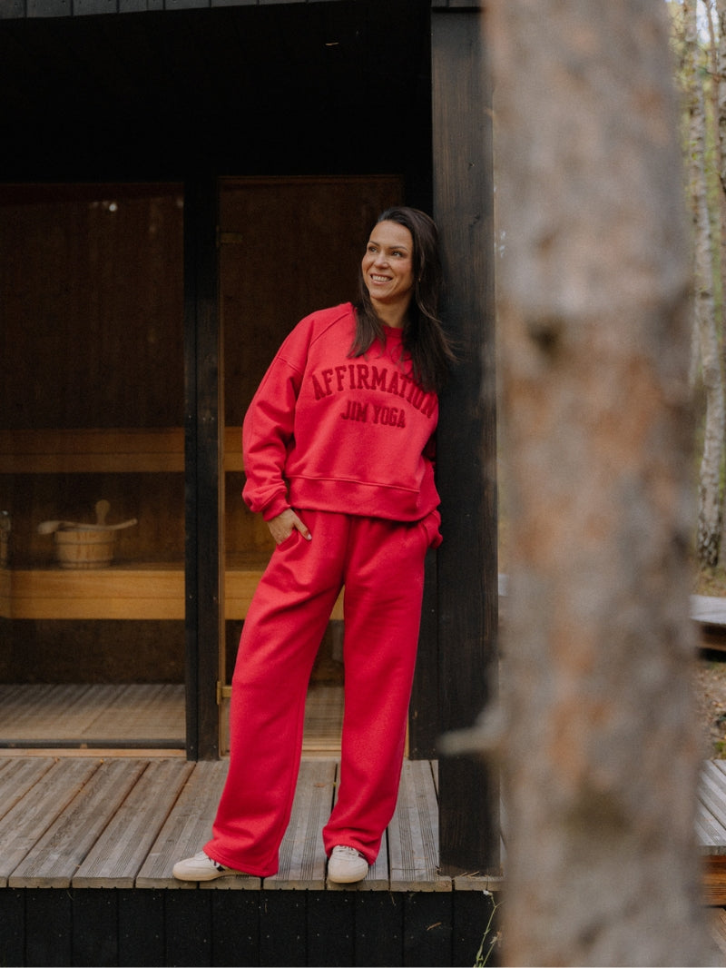 Czerwone bawełniane spodnie dresowe damskie Evolve - set z luźną czerwoną bluzą oversize