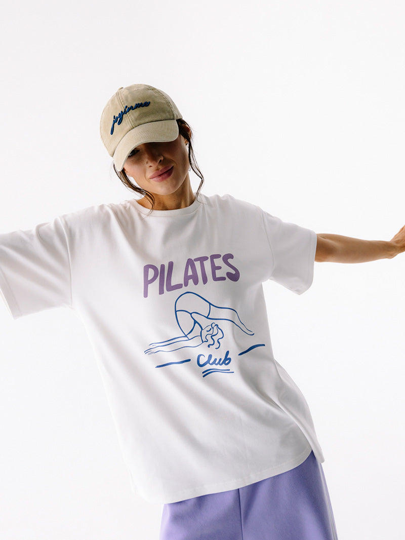 Jasna bawełniana koszulka oversize Pilates Club