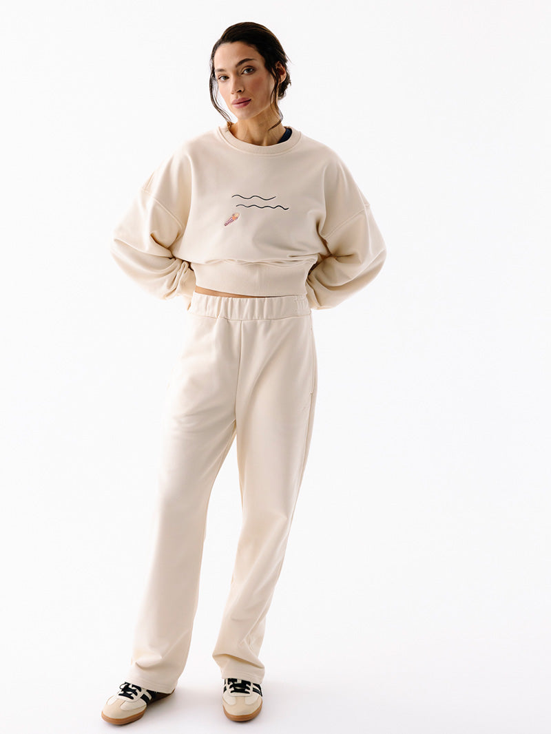 Kremowa luźna bluza damska z bawełny Wave - zestaw z bawełnianymi kremowymi spodniami