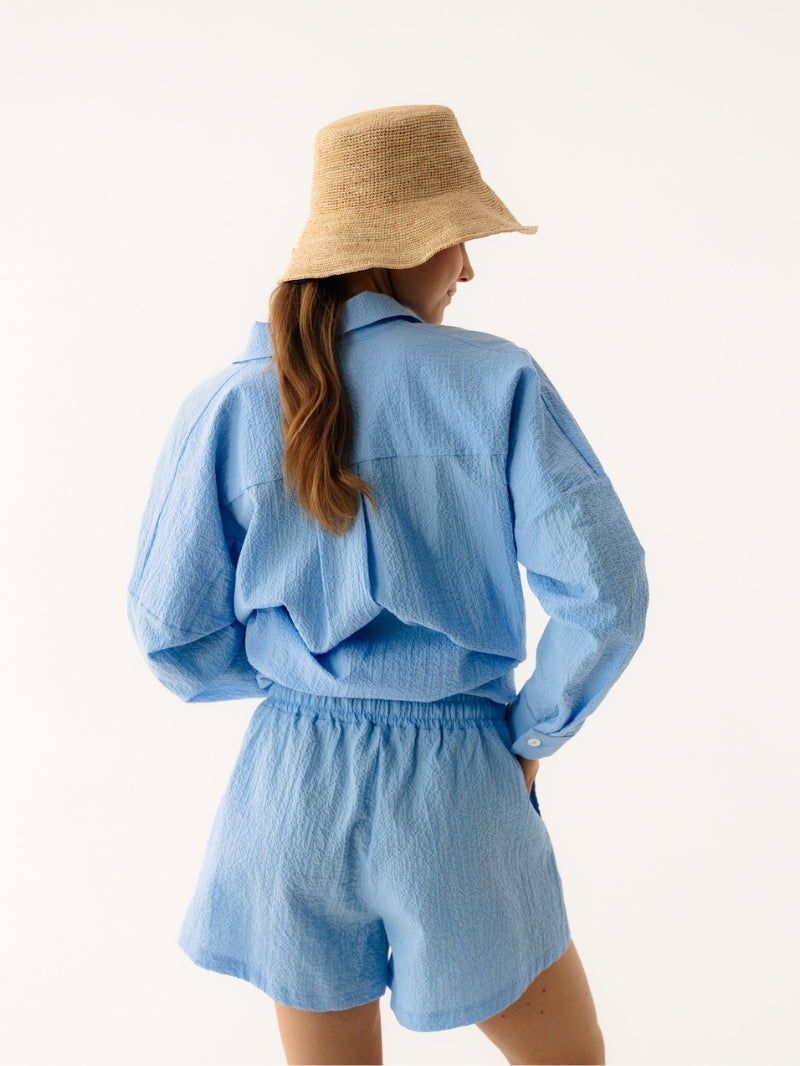 Niebieskie luźne szorty damskie z bawełny z wiązaniem - set z koszulą bawełnianą