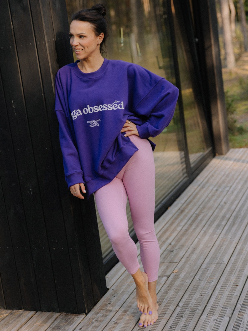 Różowe legginsy do jogi i ćwiczeń z wysokim stanem i przeszyciami Shape Ease - set z fioletową bluzą oversize