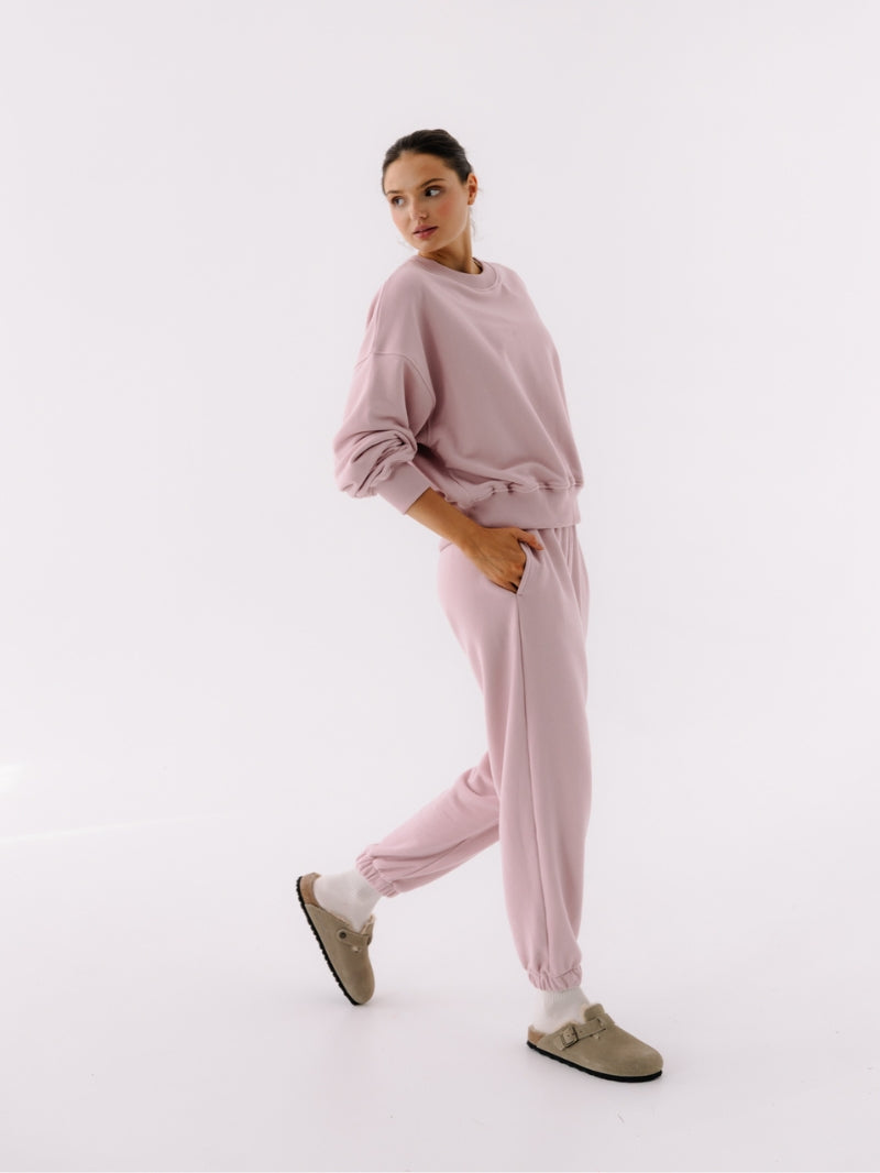 Szeroka damska bluza oversize w różowym odcieniu z serii Spark - zestaw ze spodniami bawełnianymi w tym samym odcieniu