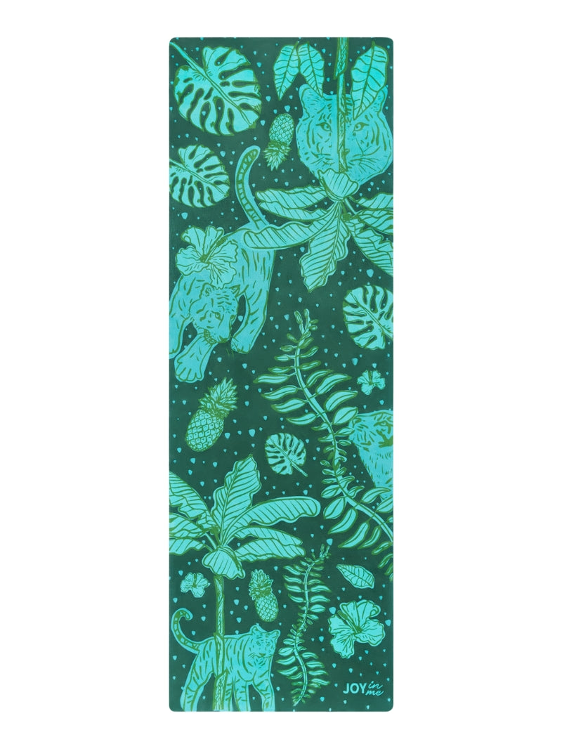Zielona, antypoślizgowa kauczukowa mata do ćwiczeń jogi 3 mm z tropikalnym wzorem - widok na print