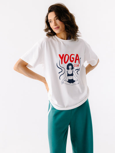 Jasna bawełniana koszulka oversize Yoga Club